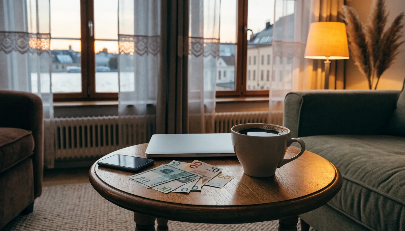 Euro-sedlar på ett soffbord i en modern svensk lägenhet
