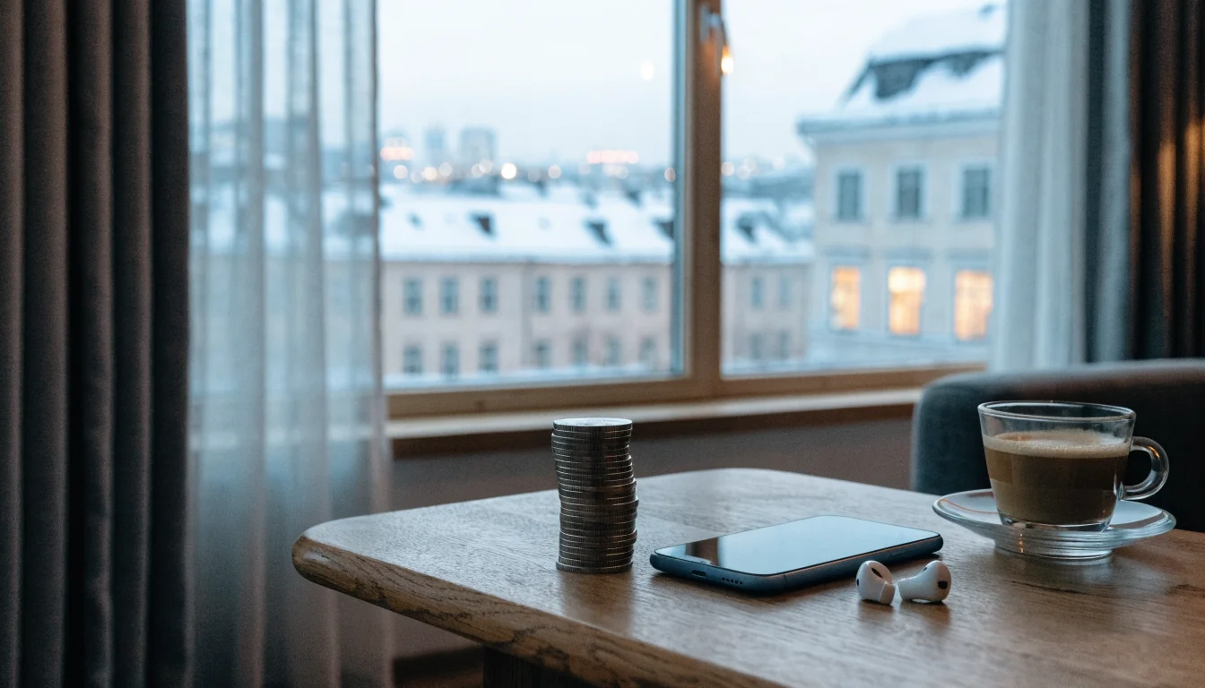 Svenska tjugo-kronors mynt bredvid en mobiltelefon på ett soffbord