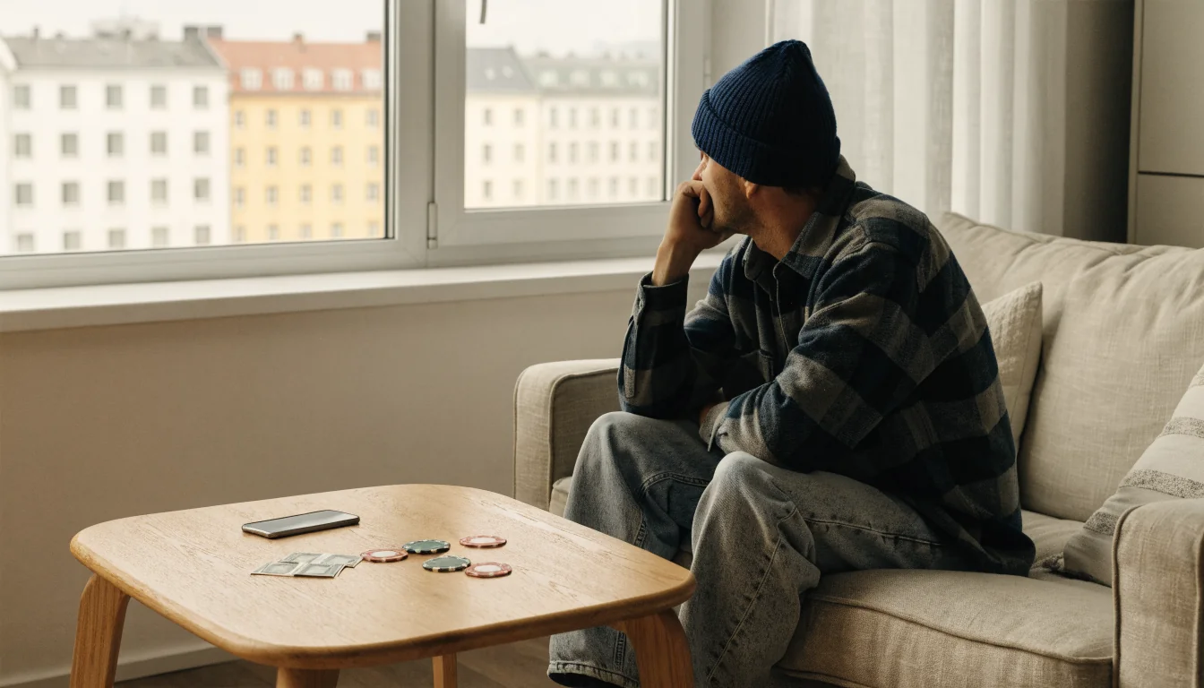Smartphone, kronor och casinomarker på soffbord i svensk lägenhet