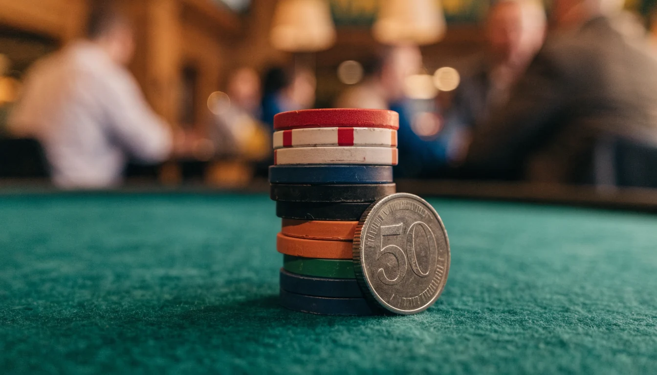 Svenskt 50-kronors mynt och casinomarker på ett filtbord