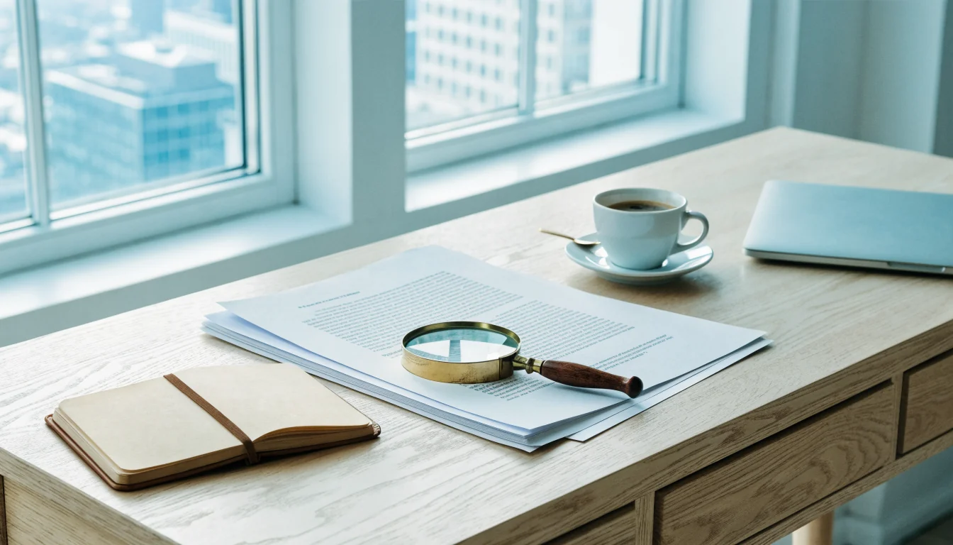 Skandinaviskt redaktionellt skrivbord med dokument, förstoringsglas och kaffekopp i dagsljus.