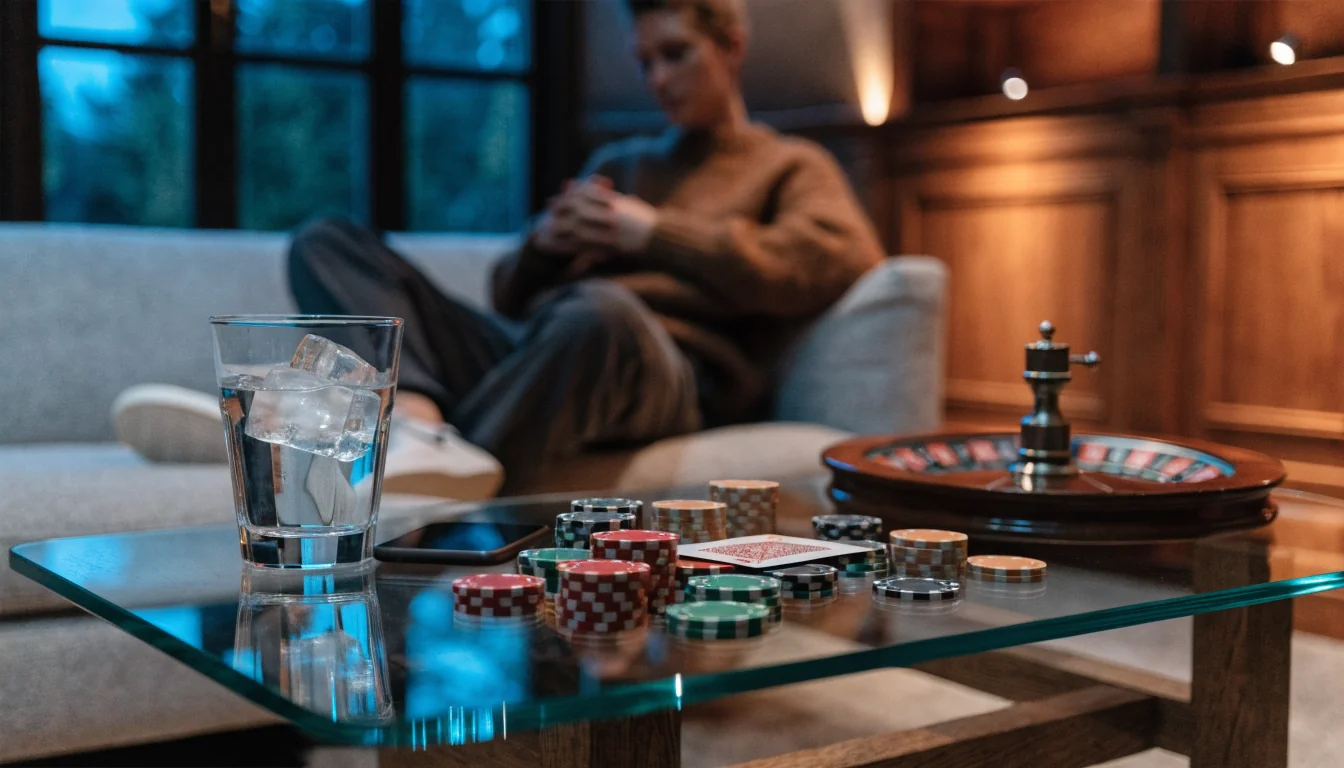 Skandinavisk casinolounge med marker, roulette och en smartphone