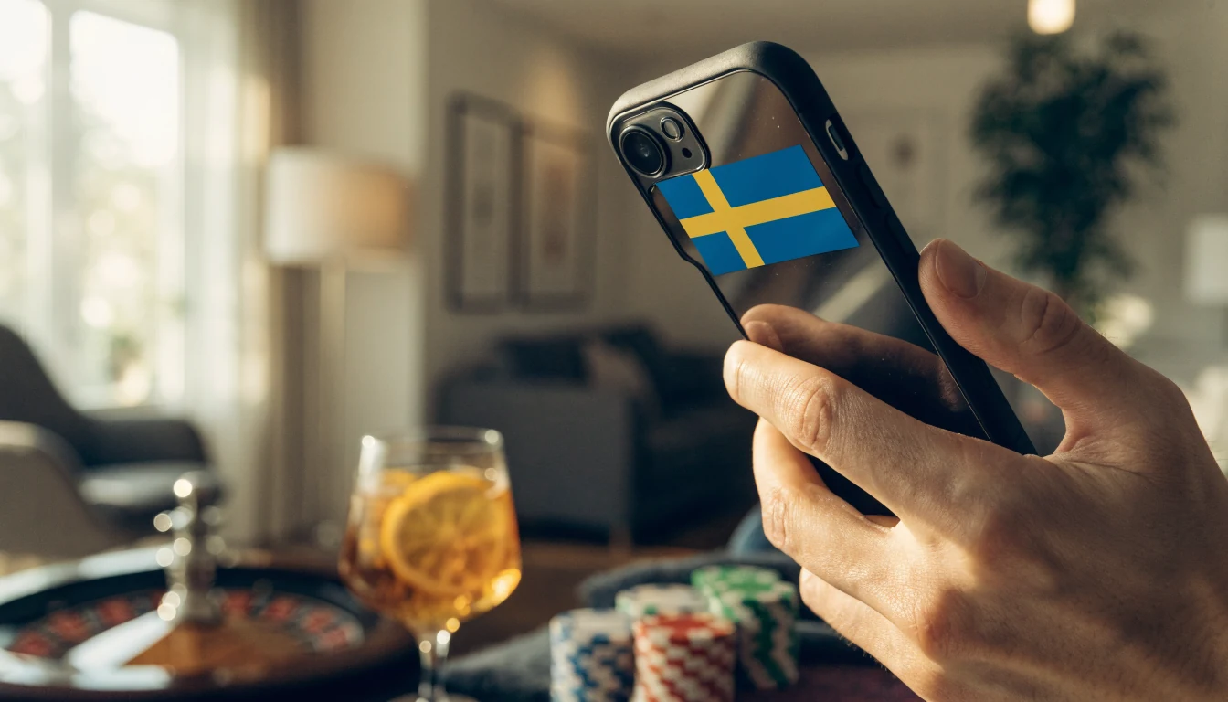 Svensk person som håller en smartphone vid ett casinobord