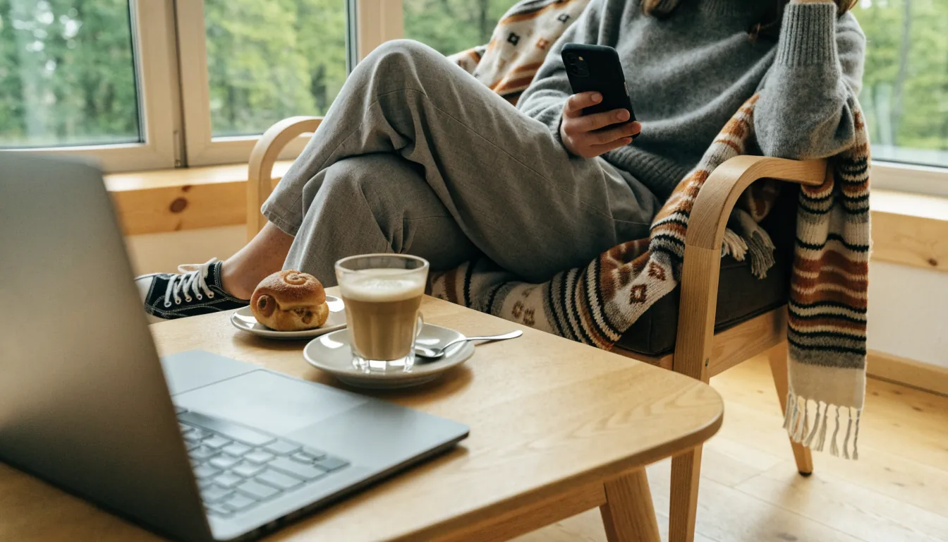 Person som håller en smartphone i ett svenskt vardagsrum med kaffe och kanelbulle
