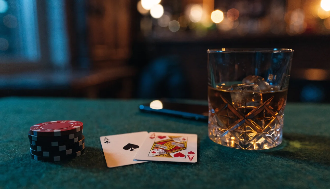 Spelkort och casinoklichor på grönt filtbord i svensk aftonbelysning