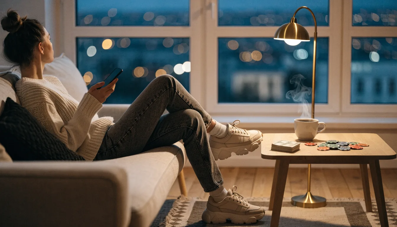 Person med smartphone och kontanter som cashback från casino
