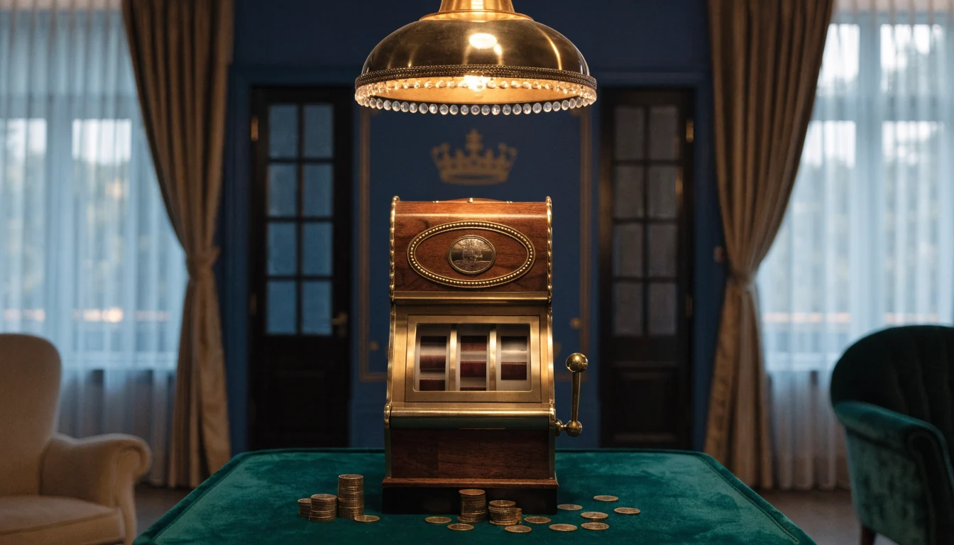 Svensk casinolounge med klassisk spelautomat och guldmynt