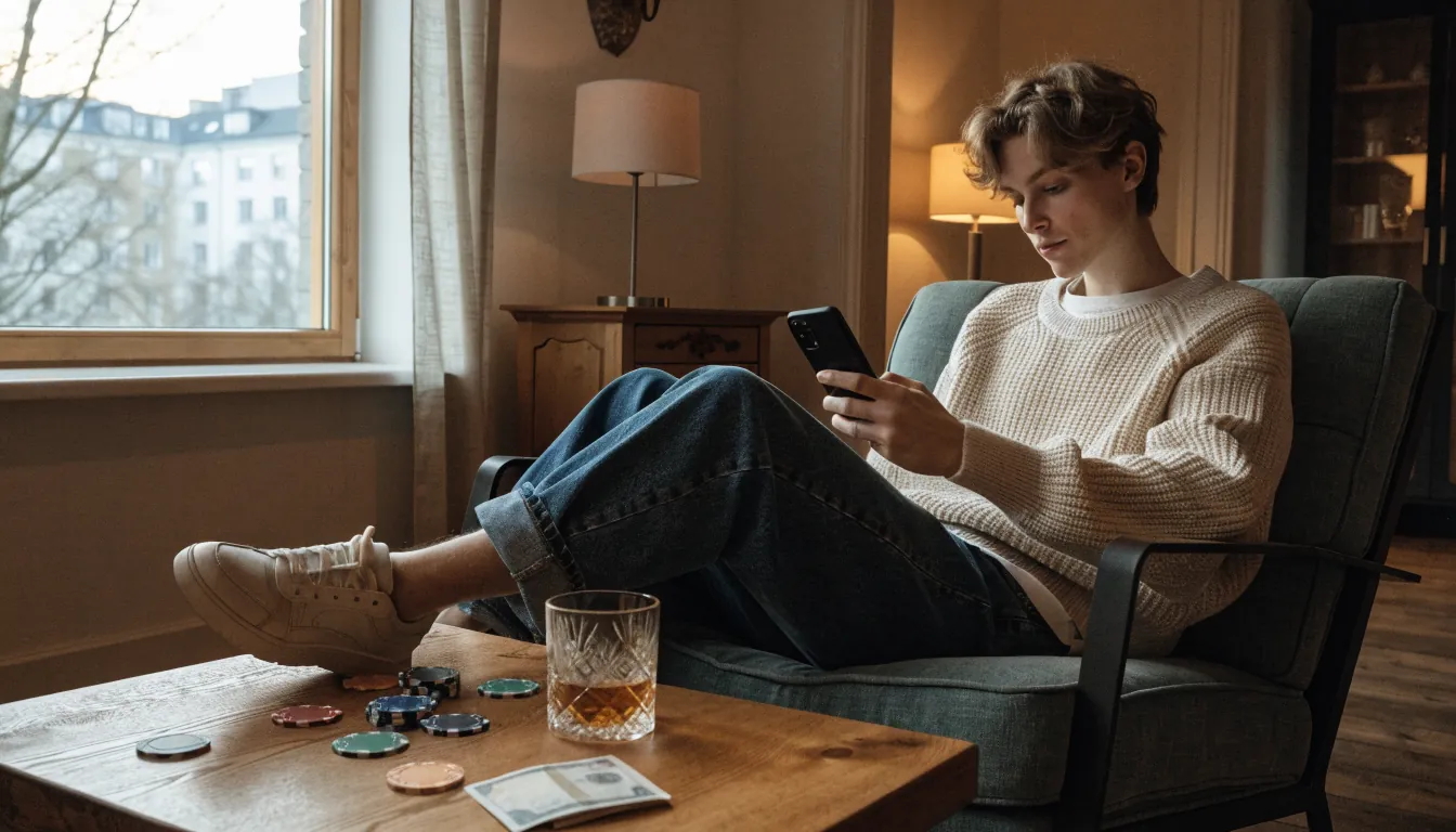 Svensk person med smartphone och casinomarker vid sidan