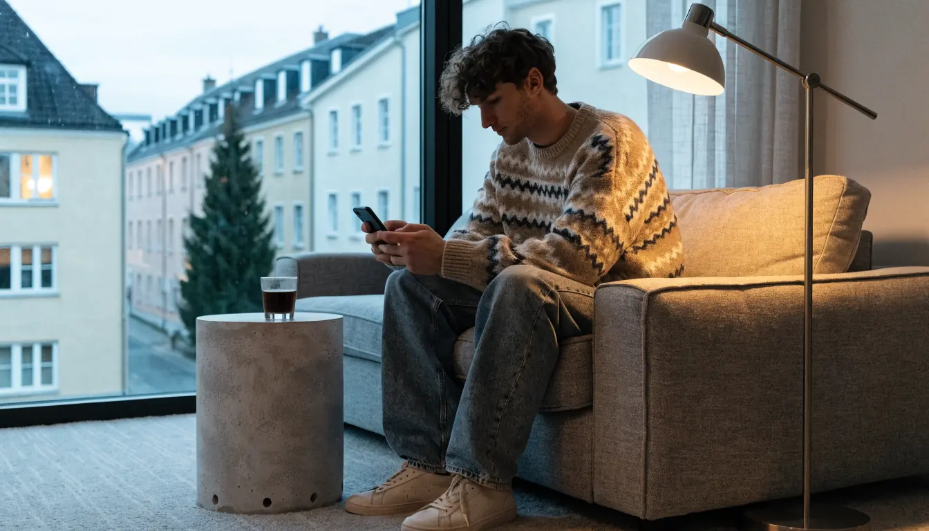 Man i modern svensk lägenhet med smartphone, avkopplande kvällsstämning