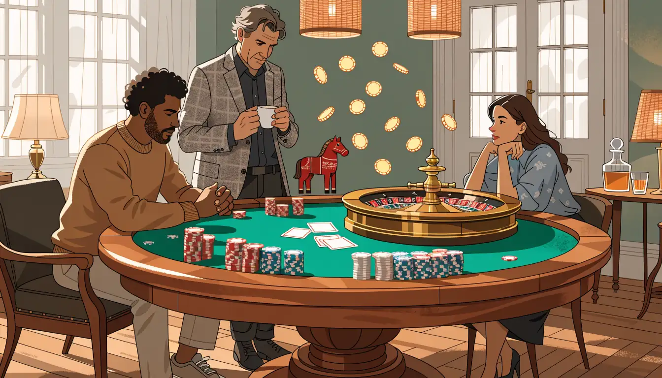 Svensk casinobord med marker, roulette, kort och gyllene mynt