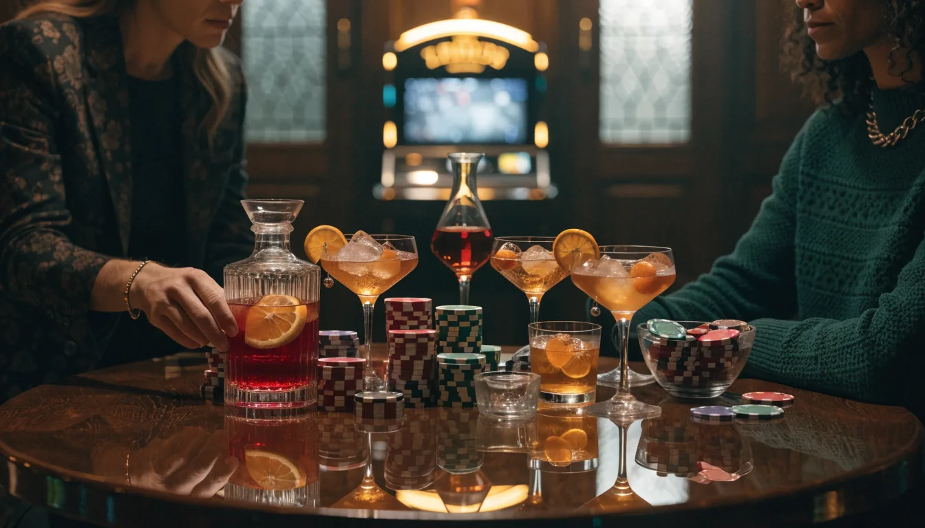 Elegant casinobord med guldfärgade marker och snurrande lyktor i varm belystolje