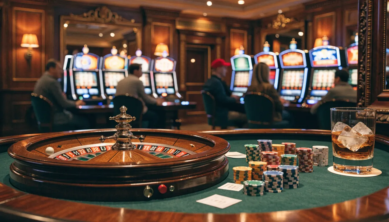 Elegant casinomiljö med roulettebord, marker och svensk inredning