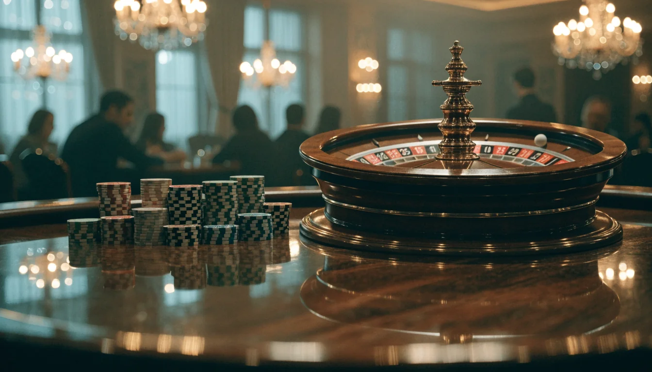 Elegant casinobord med roulettehjul och marker i varm belysning
