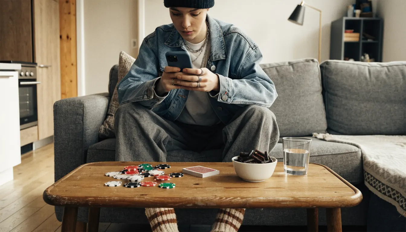 Person med mobiltelefon och casinofigurer i svensk vardagsmiljö