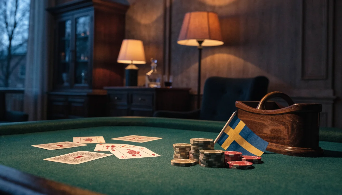 Blackjack-bord med kort, marker och svensk flagga i stämningsfull belysning