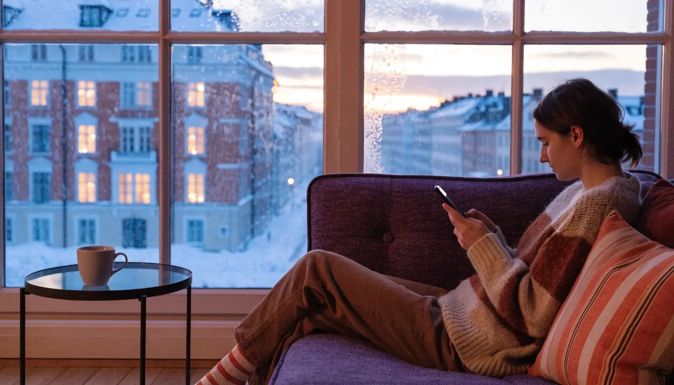 Person med mobiltelefon i modern svensk lägenhet i skymningen
