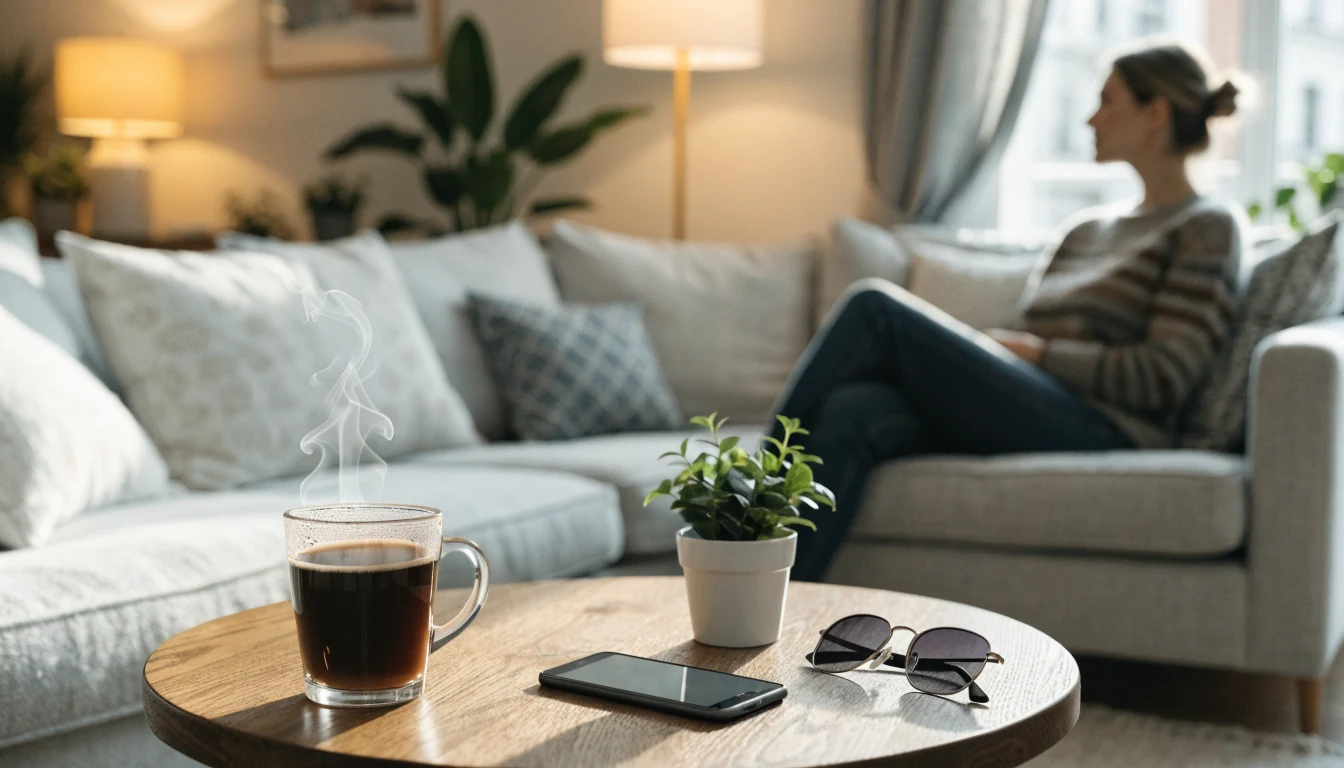 Modern svenskt vardagsrum med telefon på soffbordet