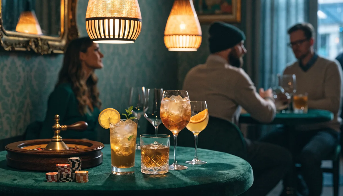 Kasinomiljö i skandinavisk lounge med marker och roulettehjul