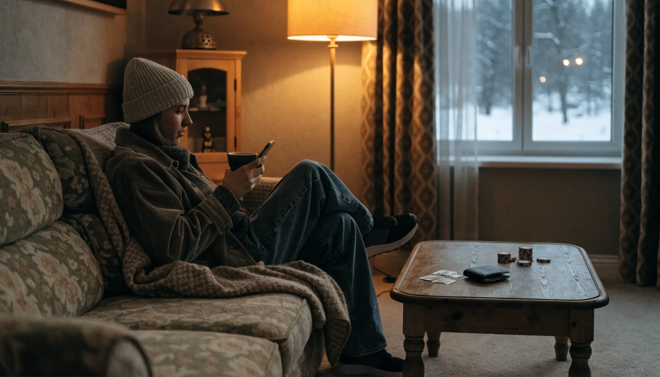 Person med telefon och små mynthögar vid soffbord