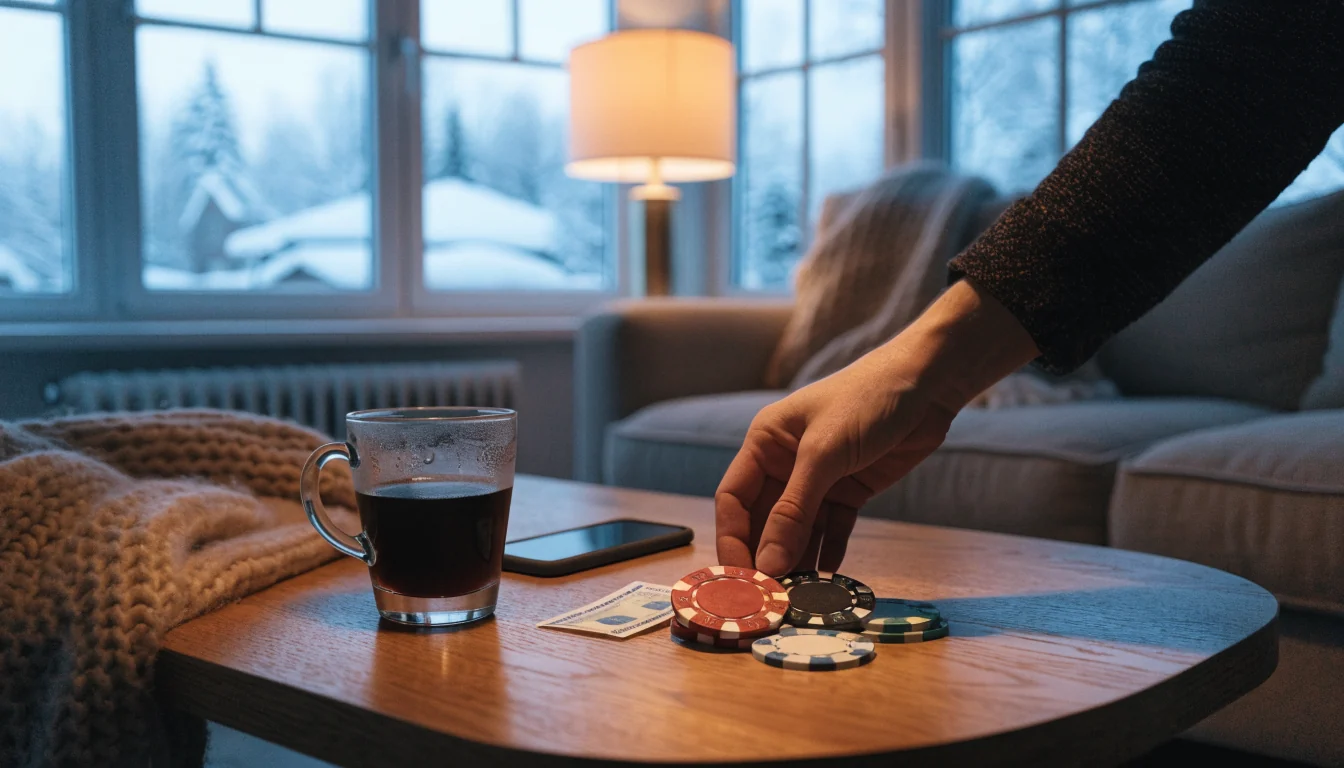 Svensk mysig vardagsrum med små kronors sedlar och casinofigurer på bordet