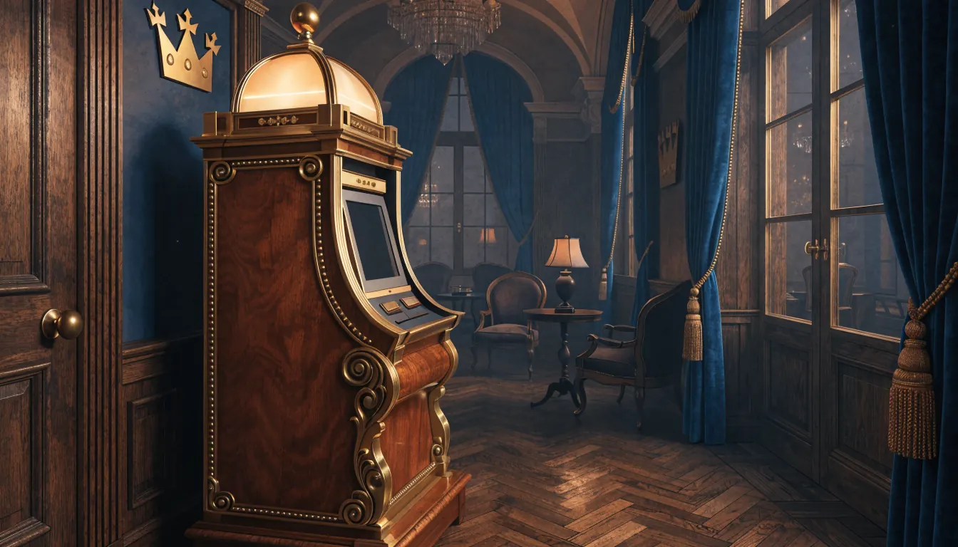 Stämningsfullt svenskt casinorum med klassisk spelautomat och tre kronor