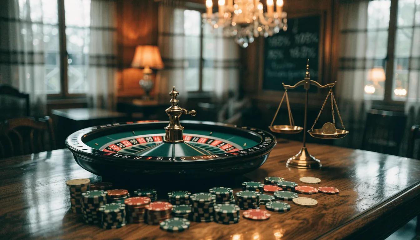 Roulettehjul och casinomarker på filtbord med våg som symboliserar RTP