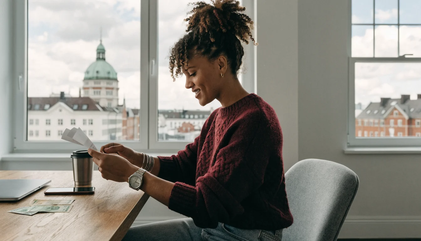 Person vid skrivbord med svenska kronor och stängd telefon