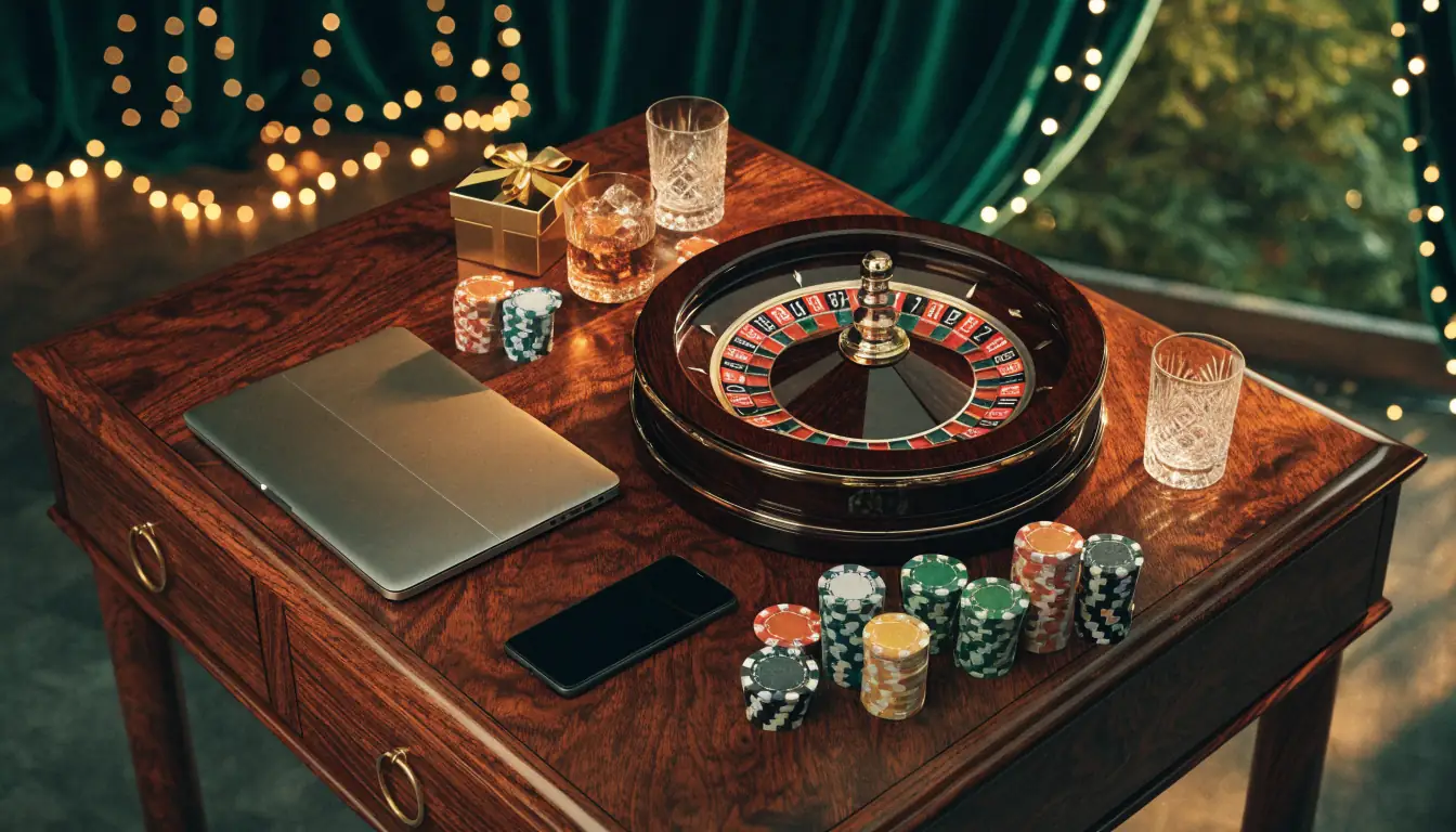Elegant casino-bord med marker, roulettehjul och presentask som symboliserar välkomstbonus