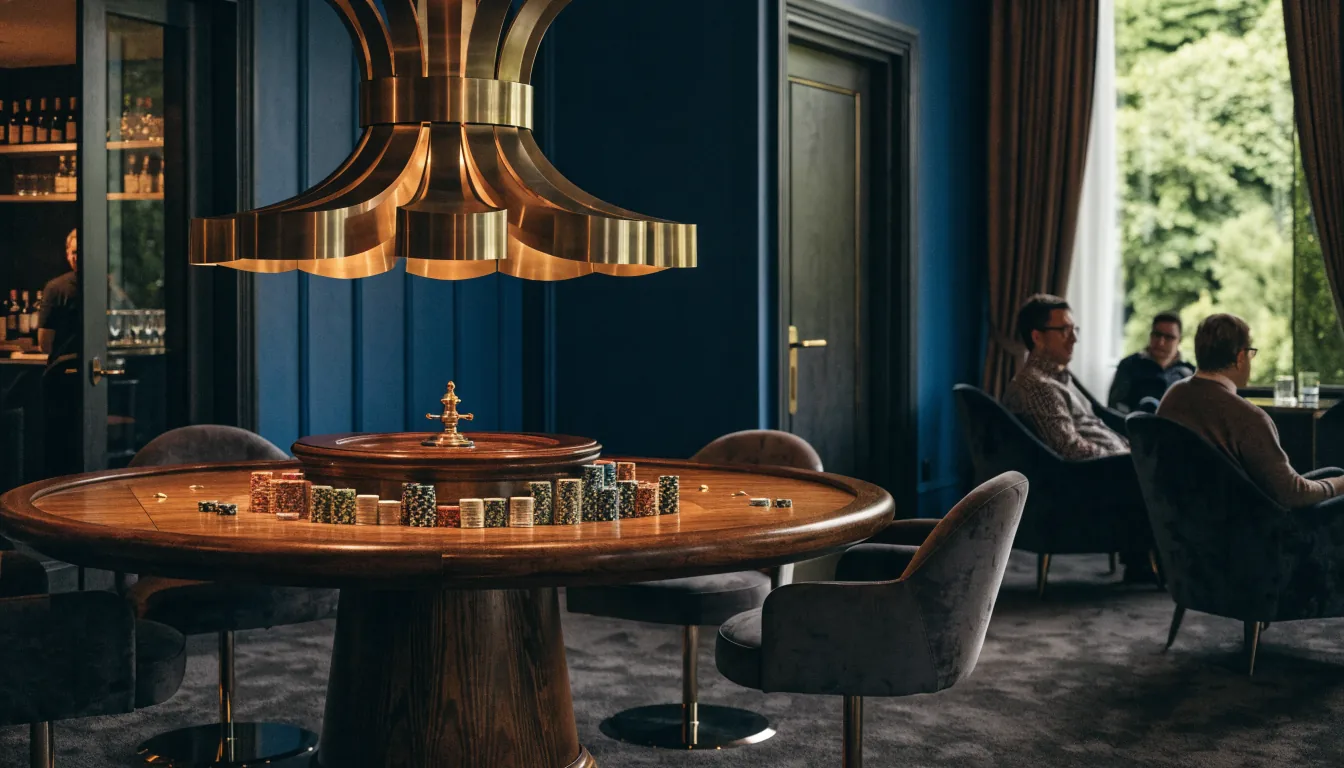 Elegant casinomiljö med roulettebord och färgglada marker i skandinavisk inredning