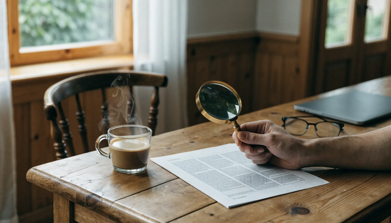 Hand med förstoringsglas över dokument vid träbord, svensk minimalistisk inredning