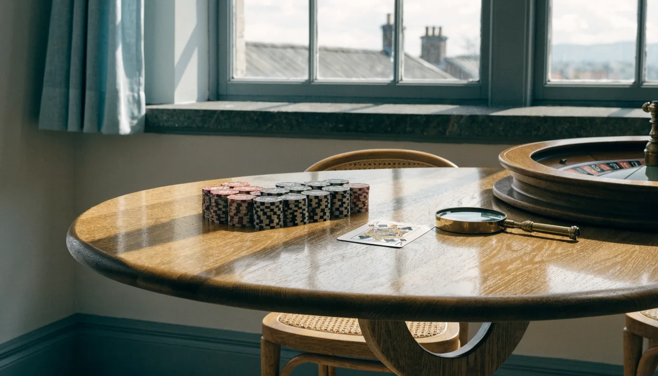 Noggrann granskning av casinospel på ett minimalistiskt skandinaviskt bord med marker, kort och förstoringsglas