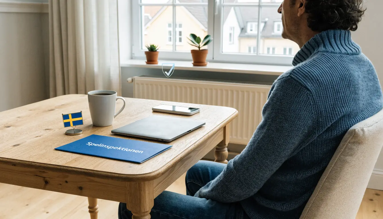 Svensk spelmiljö med laptop och Spelinspektionen-mapp, symboliserar licens och spelarskydd