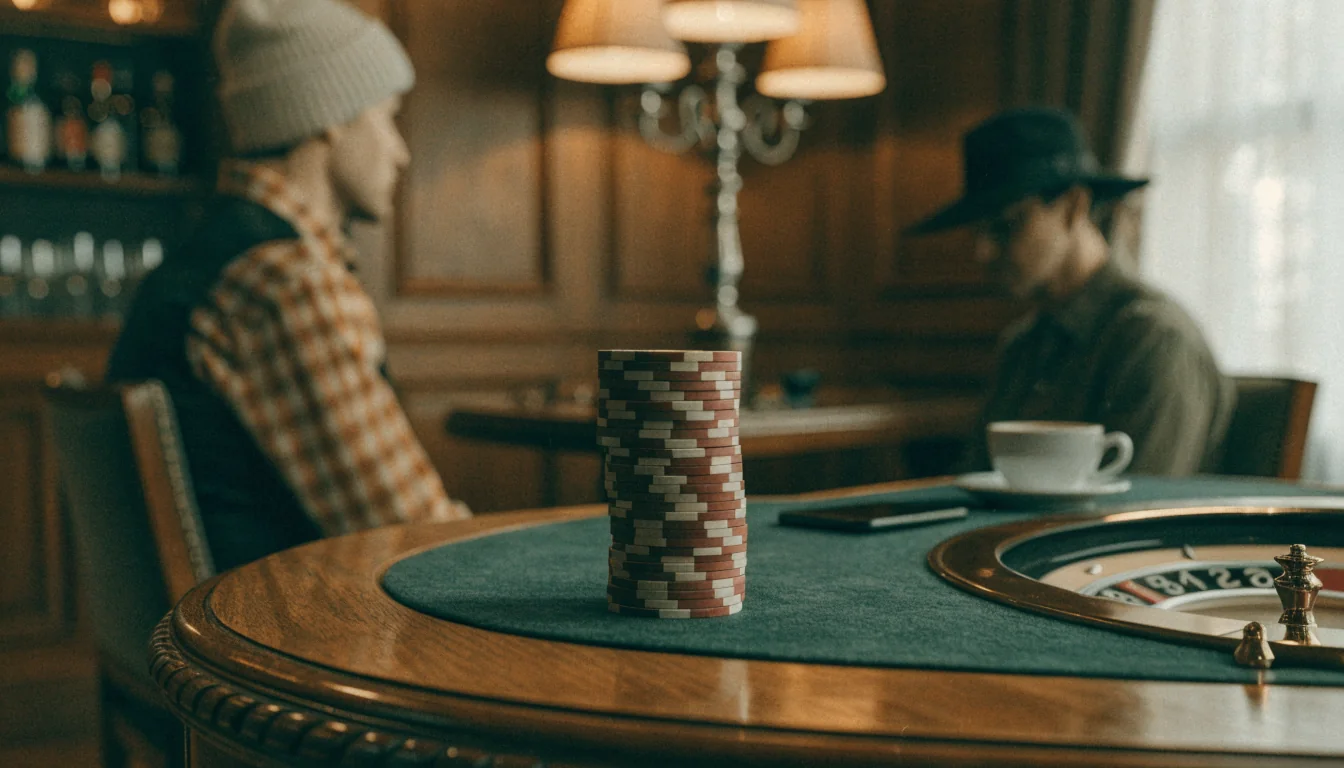 Stämningsfullt casinointeriör med roulette och marker i varm belysning