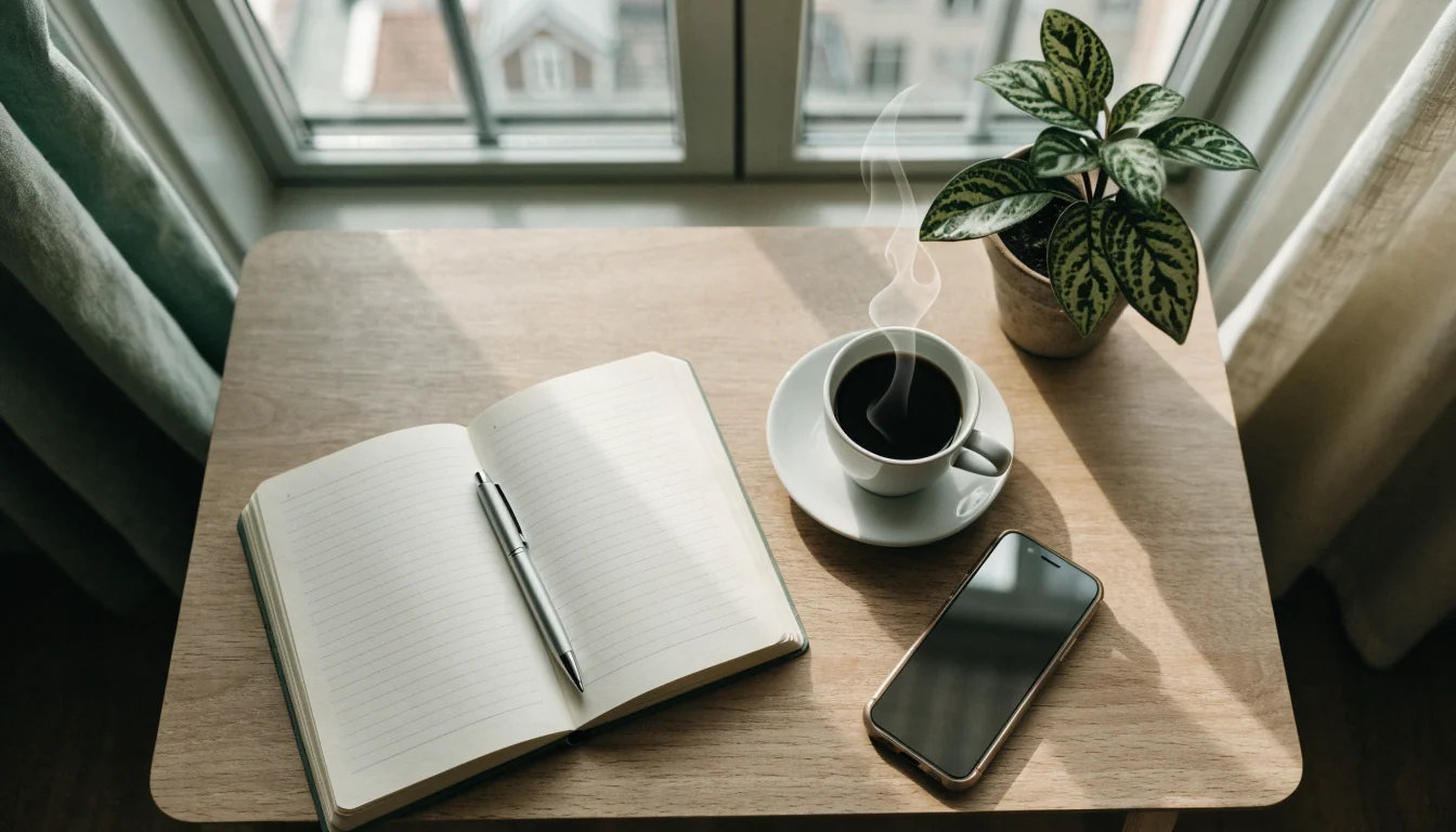 Skrivbord med anteckningsbok, kaffekopp och telefon som symbol för kontakt