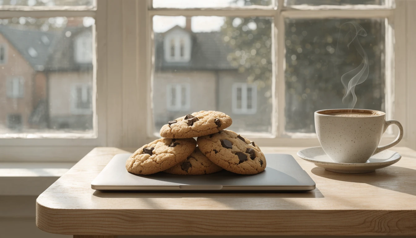 Chokladkakor på en stängd bärbar dator vid sidan av en kaffekopp