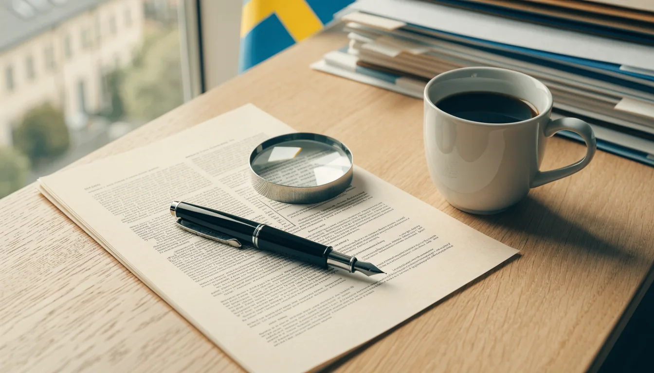 Juridiskt dokument med reservpenna och förstoringsglas på skrivbordet