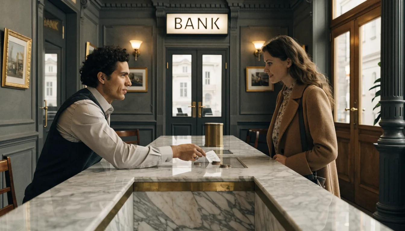 Bankdisk med kvittokvitto och mynt i svensk bankmiljö.