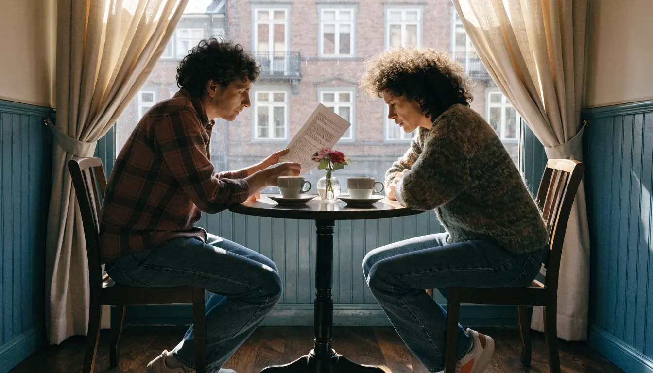 Två personer samtalar vid cafébord och granskar utskrivna papper.