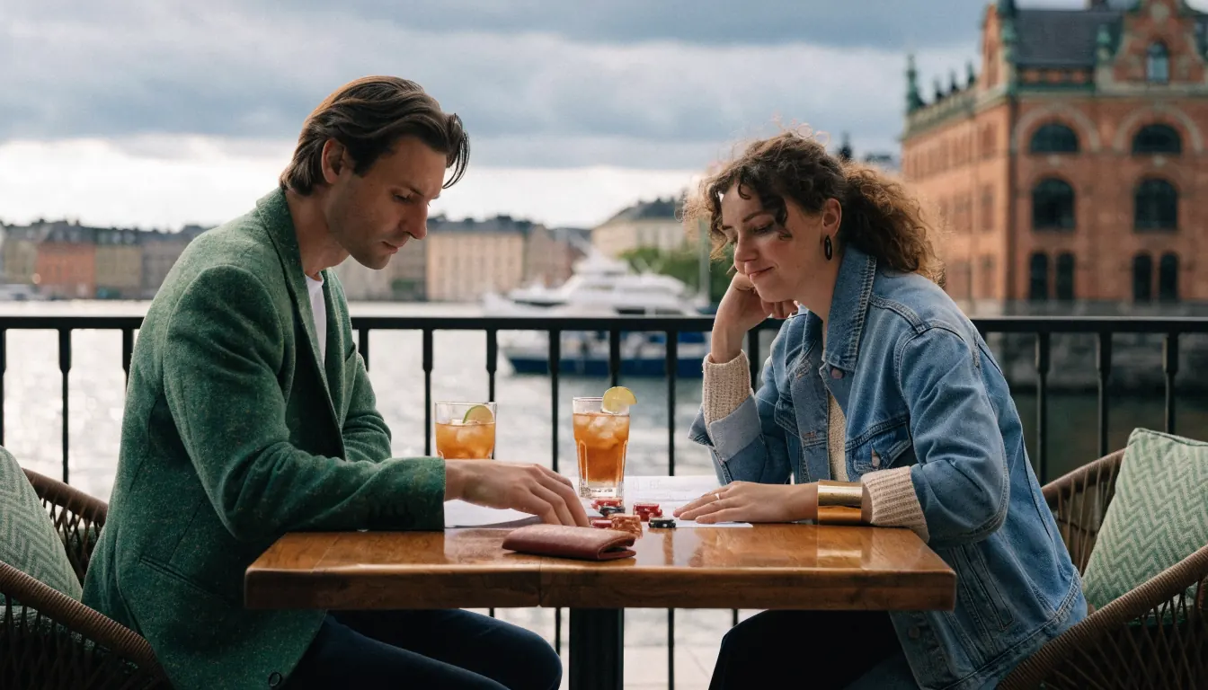 Par som jämför casinon vid ett kafé i Stockholm med spelmarker på bordet.
