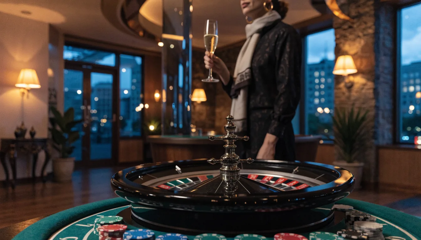 Stilren casinomiljö i Stockholm med roulettehjul och färggladamarker