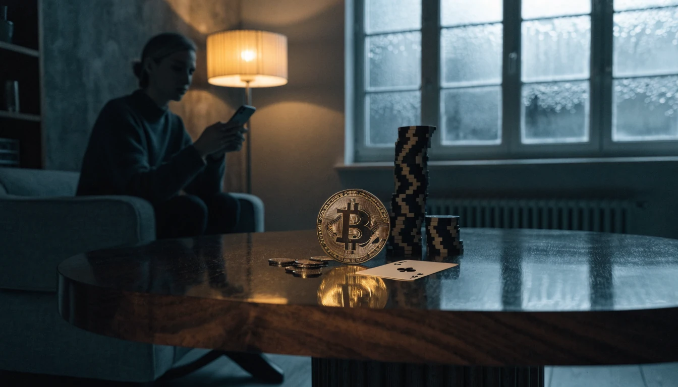 Bitcoin-mynt, casinofigurer och ett kort på ett svenskt bord i dämpat ljus