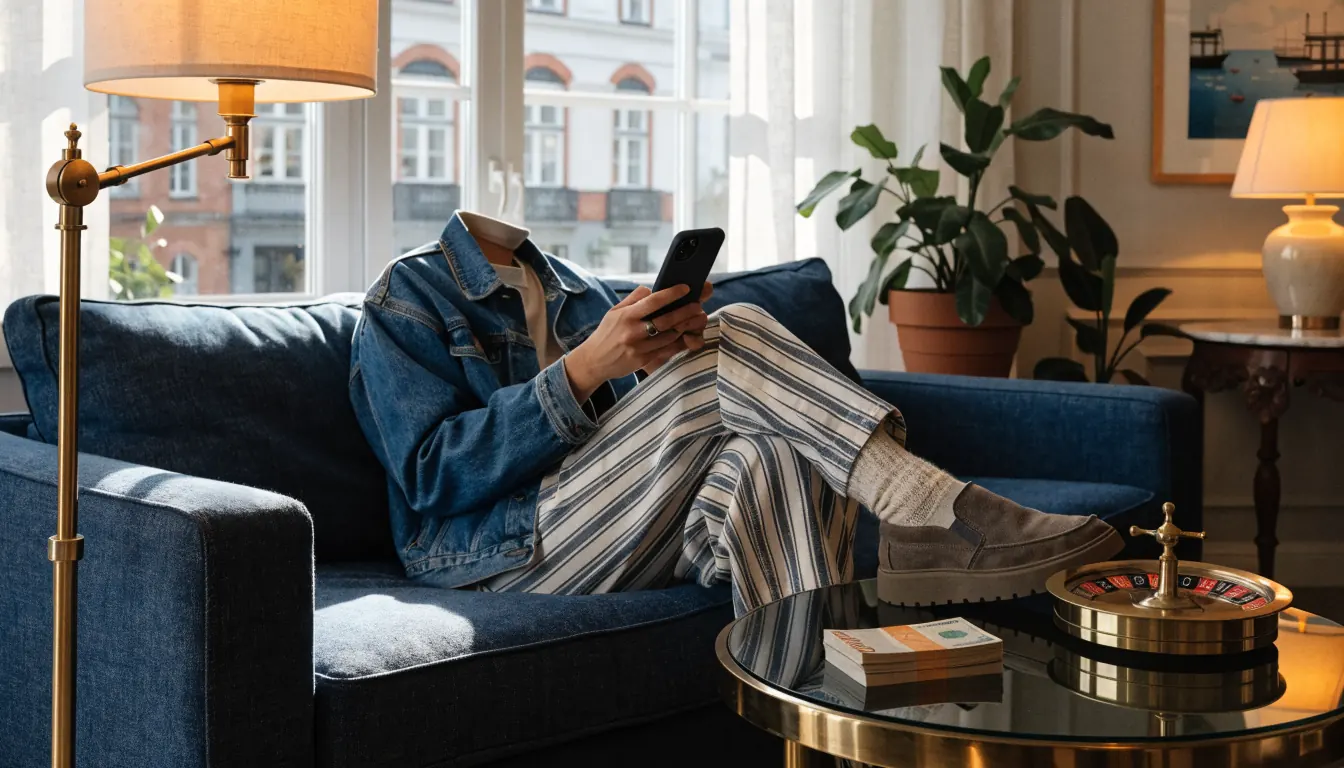 Avslappnad person med smartphone i modernt svenskt vardagsrum med kronor och roulettehjul