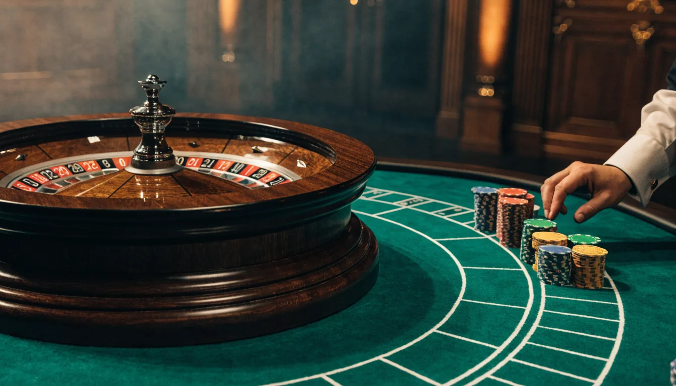 Elegant live roulette-bord med snurrande hjul och färgglada marker i ett varmt belyst casino