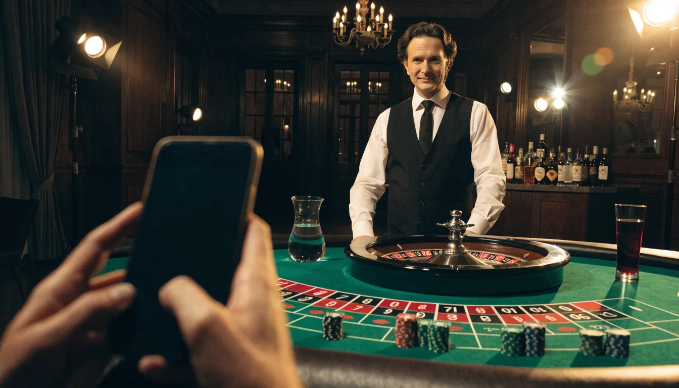 Professionell livecasino-dealer framför roulettebord i studio