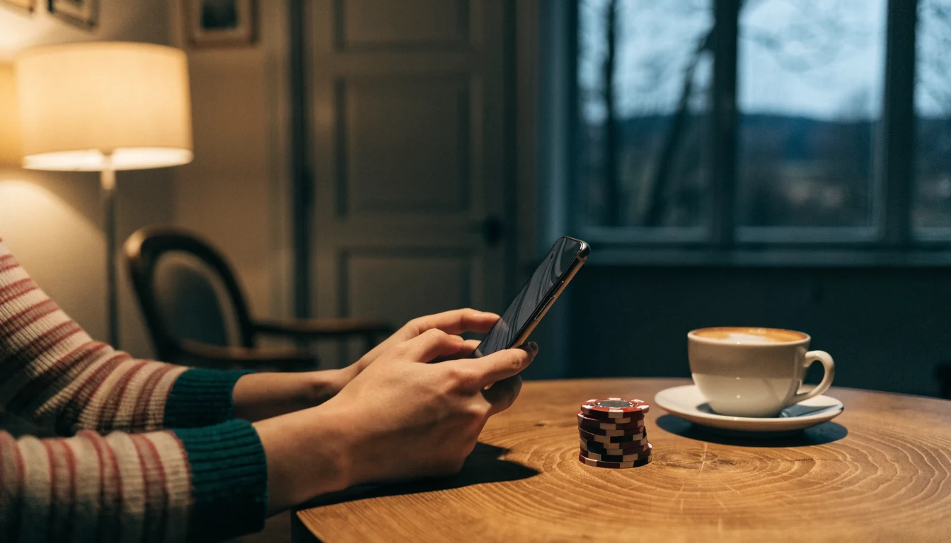 Händer som håller en smartphone vid ett bord med casinotärningar och koppar