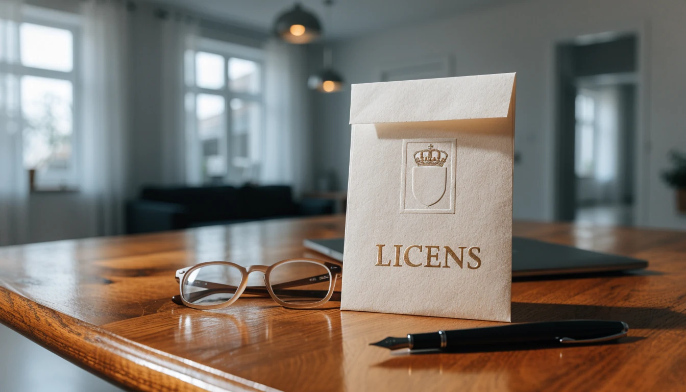 Förseglat licensbrev med svenska riksymbolen på ett skrivbord vid sidan av glasögon och penna