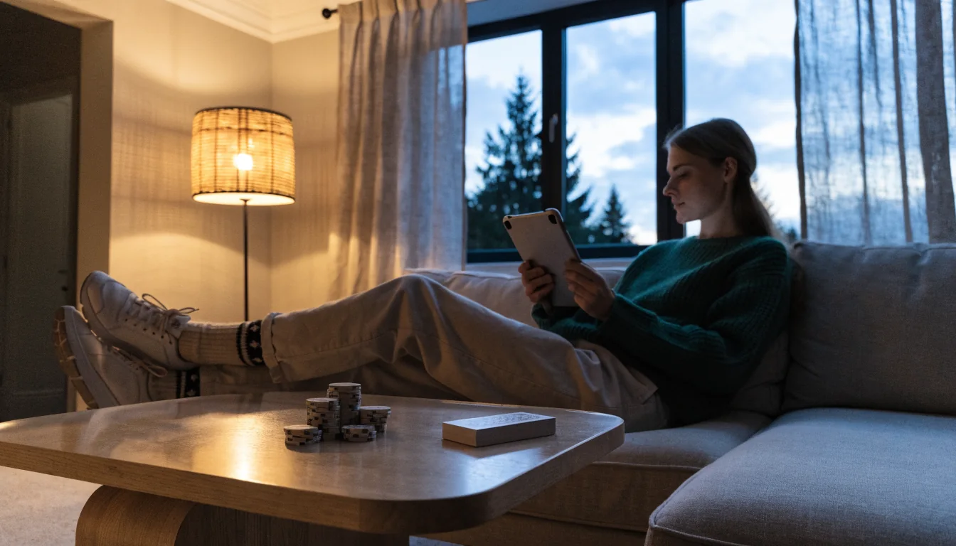 Svensk person i modernt vardagsrum med casinotillbehör på soffbordet