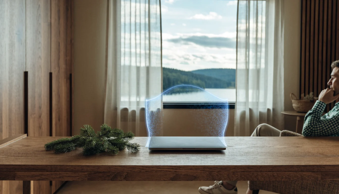 Stängd bärbar dator på skrivbord, skyddad av ett blått digitalt sköld