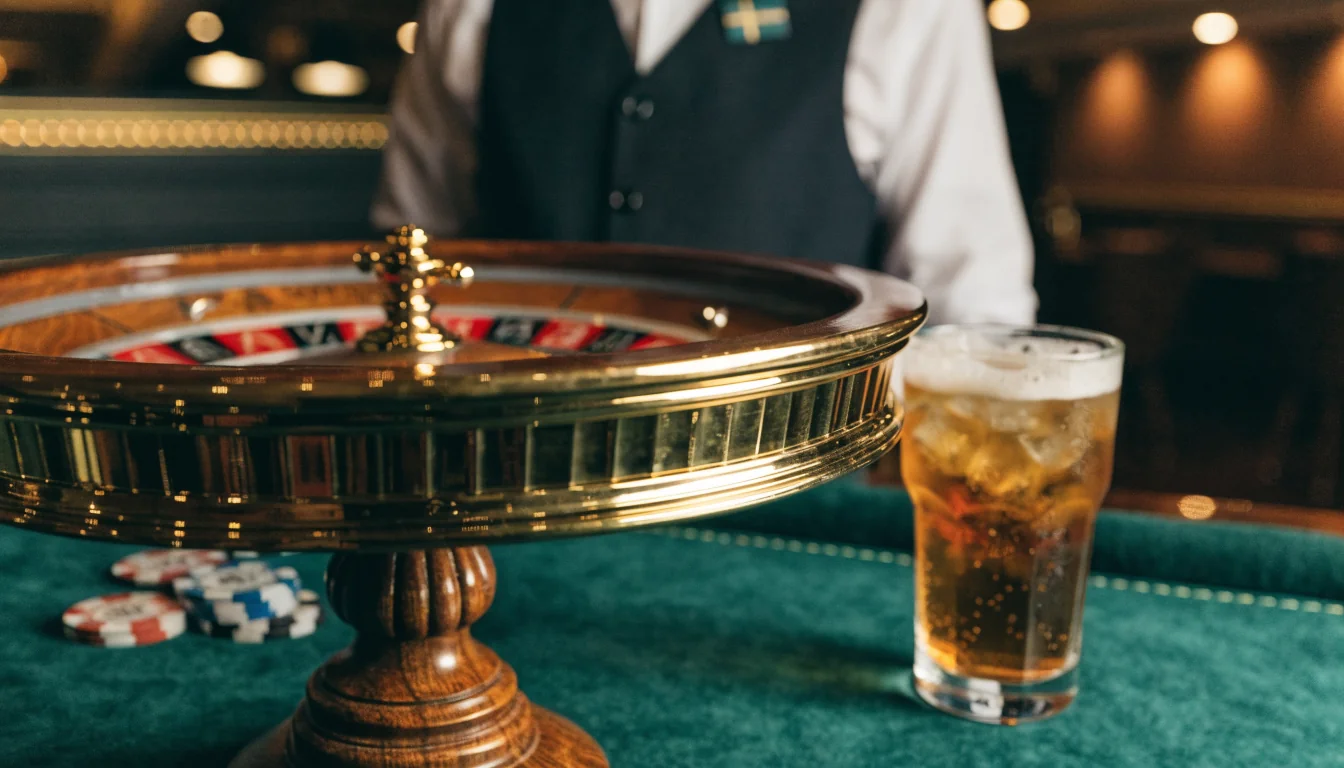 Ett roulettehjul av trä med marker på grönt bord, varm casinobelysning