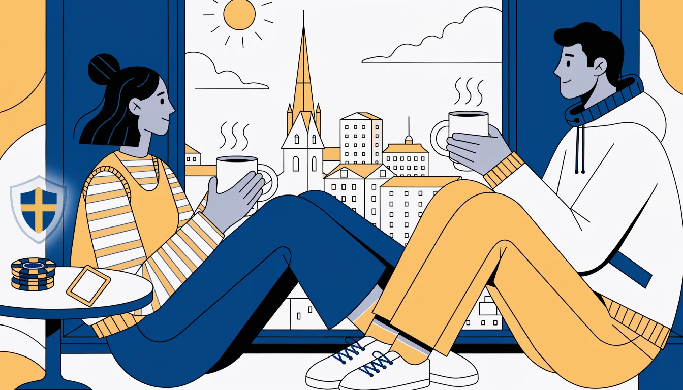 Skandinavisk illustration av ett par vid fönstret med casinomarker och en sköld som symboliserar svensk spellicens